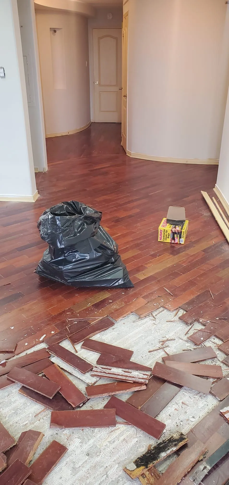 Interior renovation in progress showing stripped walls and structural framing